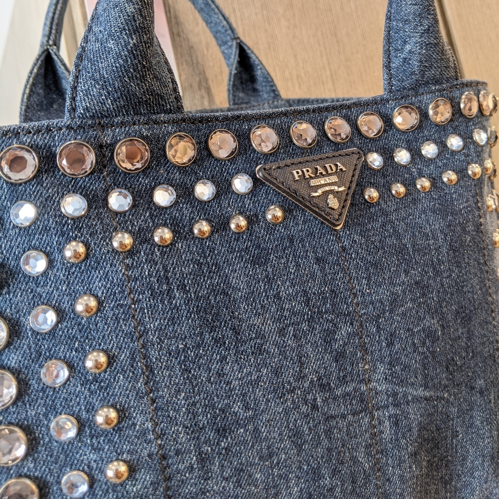 Prada: Denim Rhinestone Bijoux Canapa Crossbody Tote Bag ๐ - Picture 11 of 17